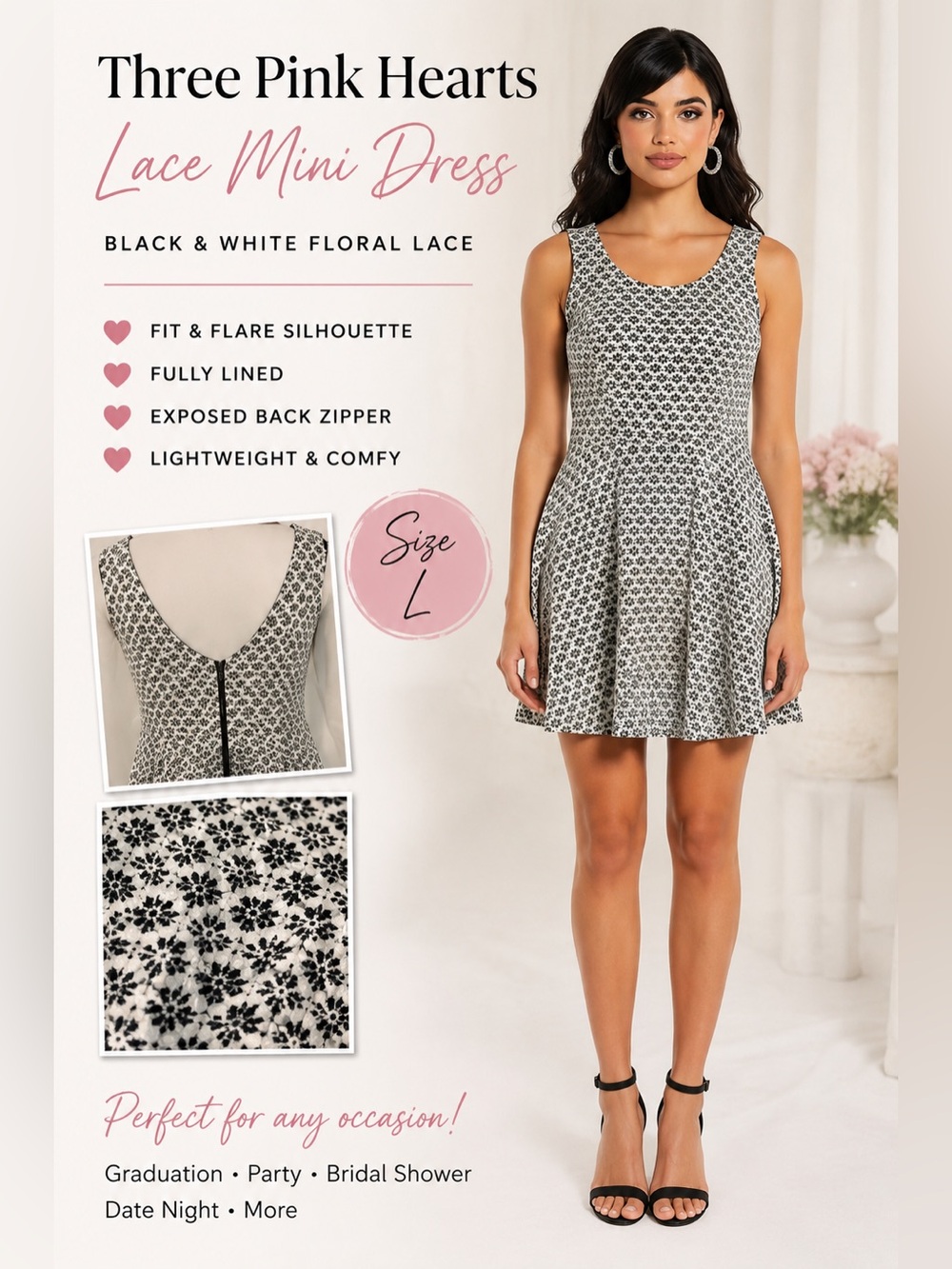 Three Pink Hearts Black & White Floral Lace Mini Dress - Size L